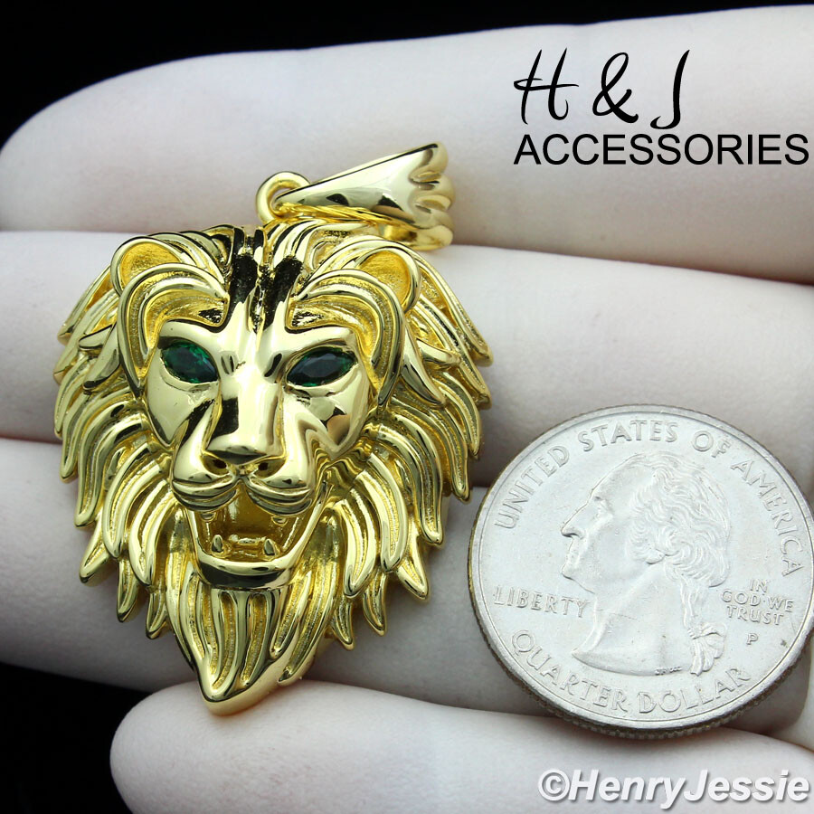 MEN 925 STERLING SILVER GREEN CZ EYE GOLD PLATED LION FACE CHARM PENDANT*AGP364