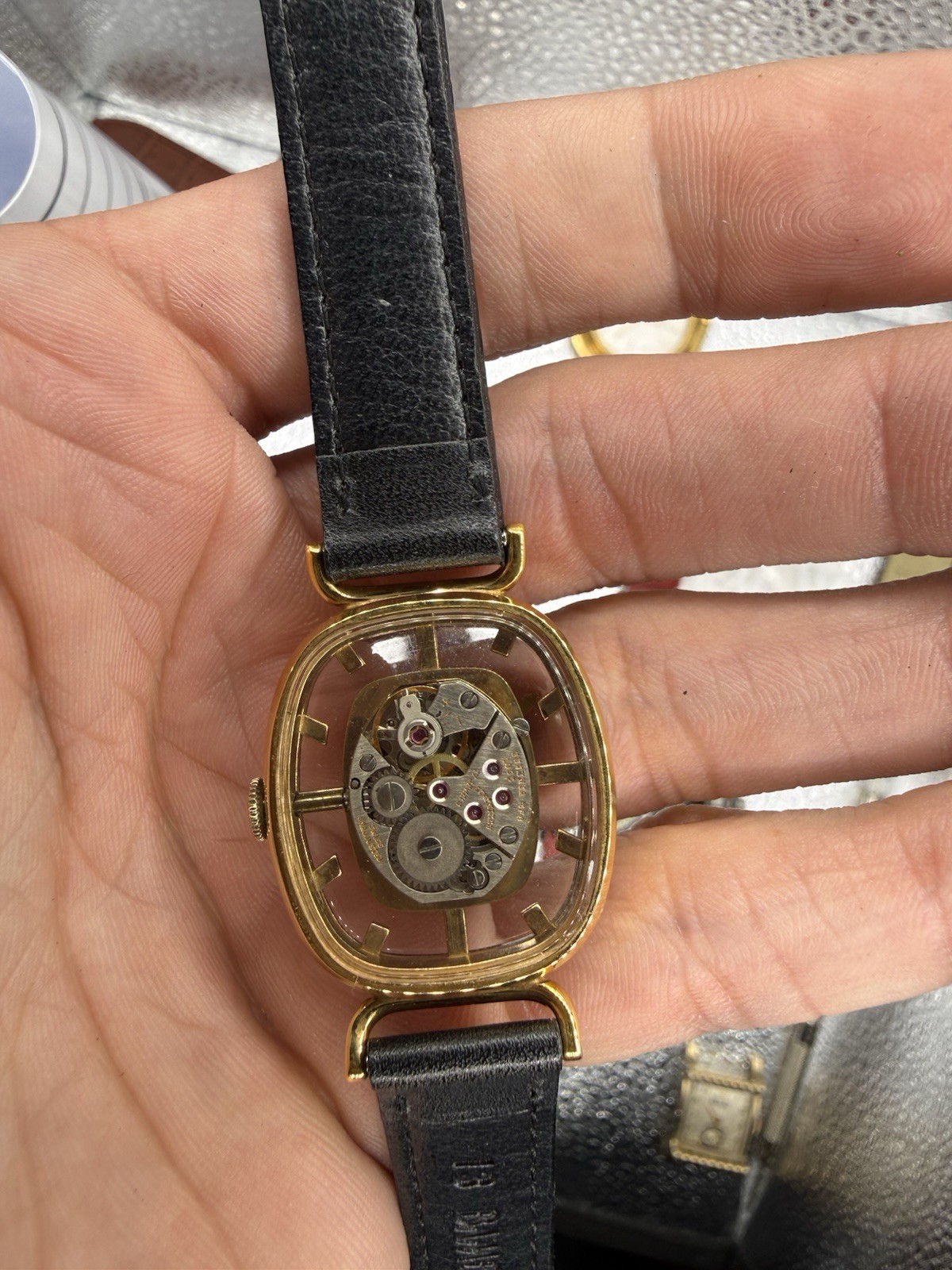 Juvenia Mystere Swiss Made Manual Wind Skeleton Gold Ellipse Black Leather