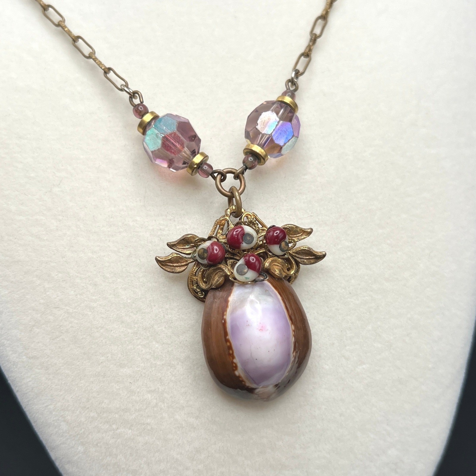 Vintage Cowrie Shell Necklace Purple AB Crystal Gold Tone Fairy Coastal Ethereal