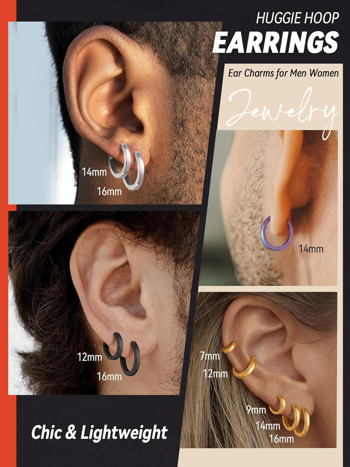 Stainless Steel Black/Silver/Gold Hoop Earrings for Men – Hypoallergenic Small H