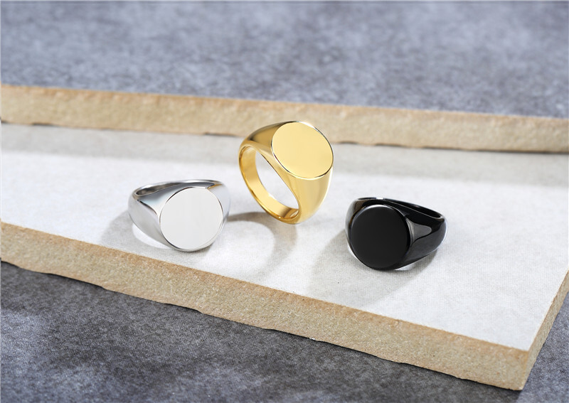 Men Women Gold Stainless Steel Round Signet Ring Band Wedding Jewelry Size 6-12