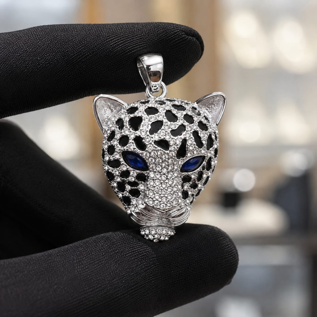 Iced Out Leopard Head Pendant Silver Stainless Steel Blue Red Green Eyes