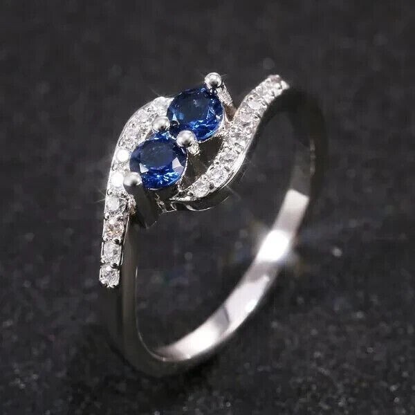 Women’s Stunning Band Ring Round Cut Simulated Sapphire In 14K White Gold Plated
