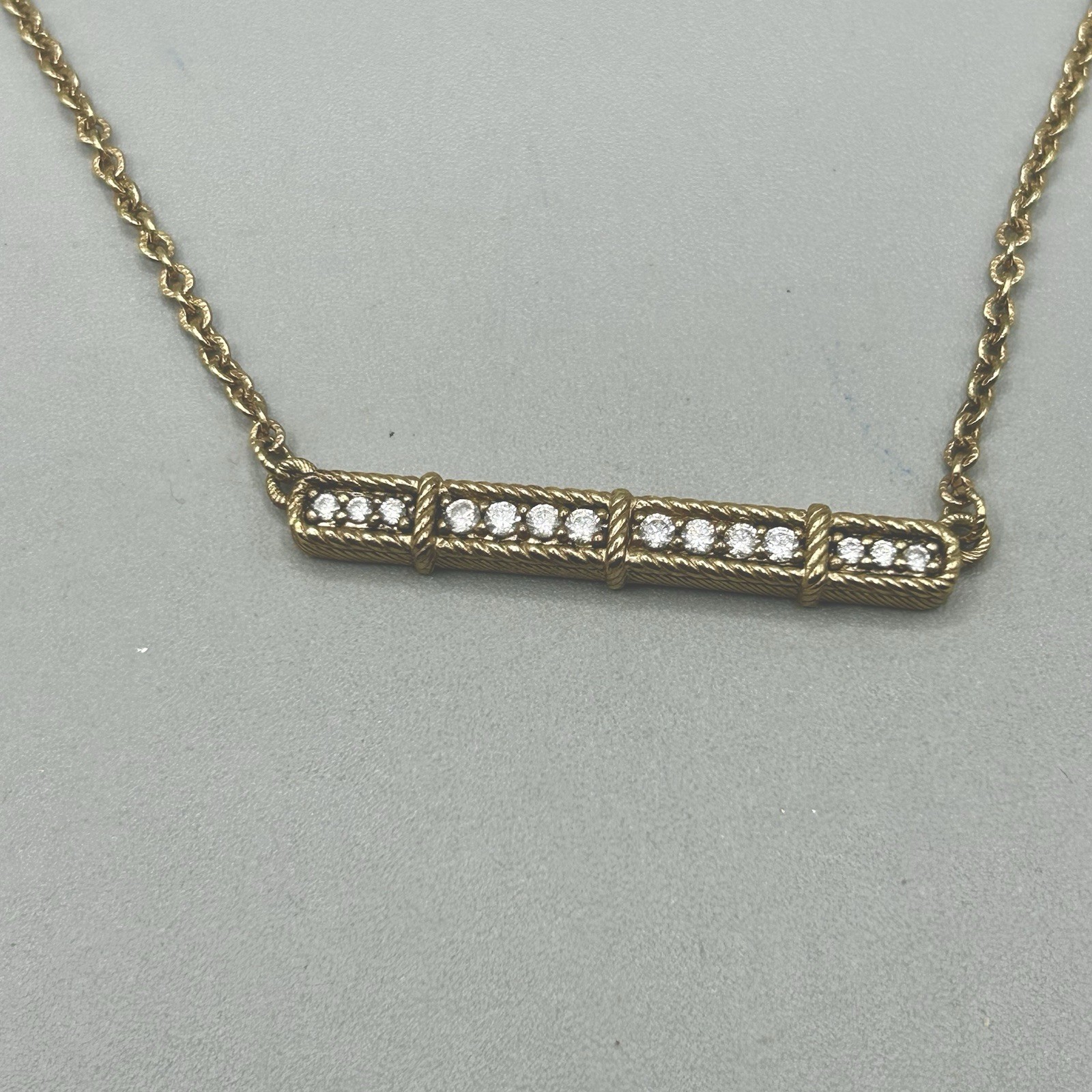 Judith Ripka Sterling Silver (gold color) Bar Necklace w 14 CZs +3 More on Clasp