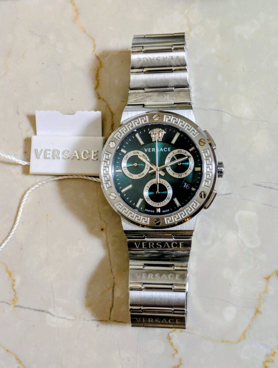 [B1P] VERSACE Greca Logo Chrono VEZ900121 Green Silver Watch [y2v]