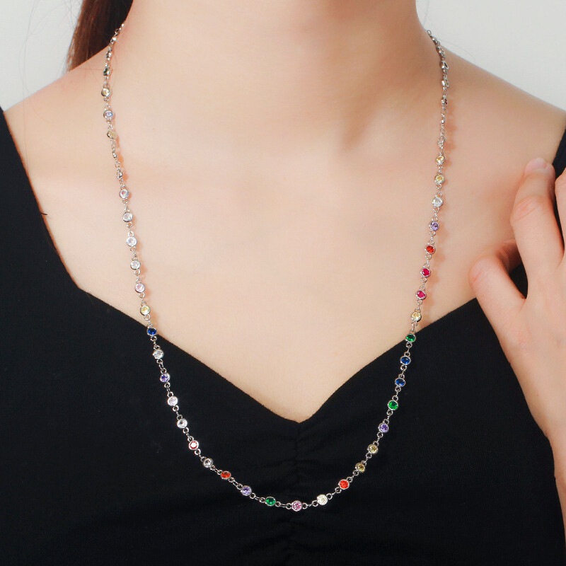 585 Gold Multicolored Round CZ Women Sweater Costume Long Chain Necklace Jewelry