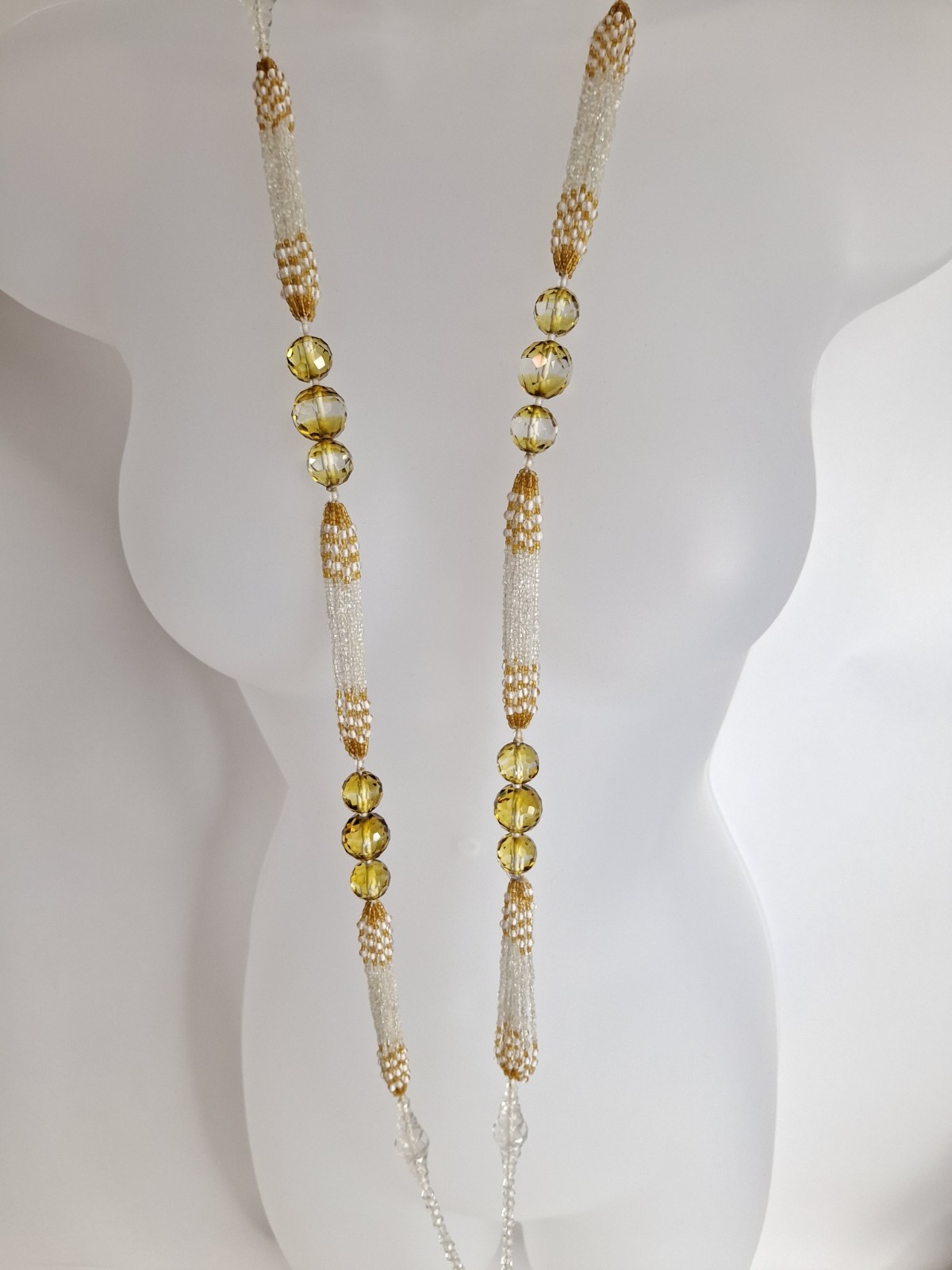 Vintage Glass Bead Sautoir Necklace Clear Flapper Art Deco Tassel Fringe 52”