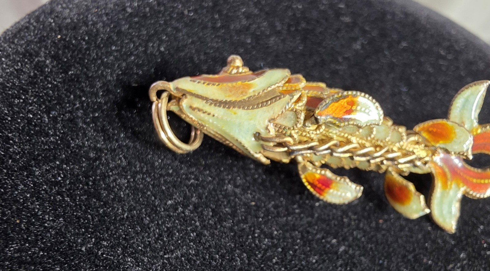 VINTAGE 925 STERLING SILVER ARTICULATED KOI FISH PENDANT ORANGE ENAMEL CLOISONNE
