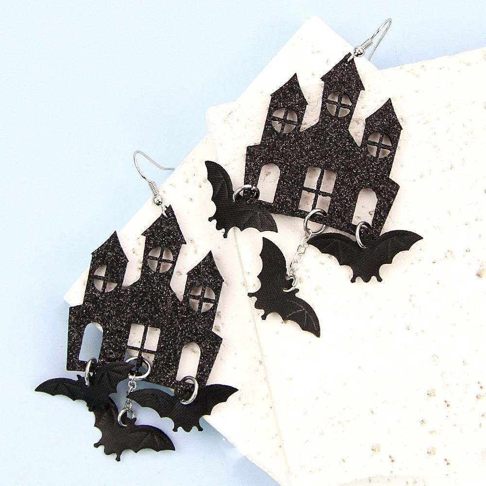 2Pcs Halloween Haunted House Bat Dangle Earrings Punk Gothic Acrylic Jewelry