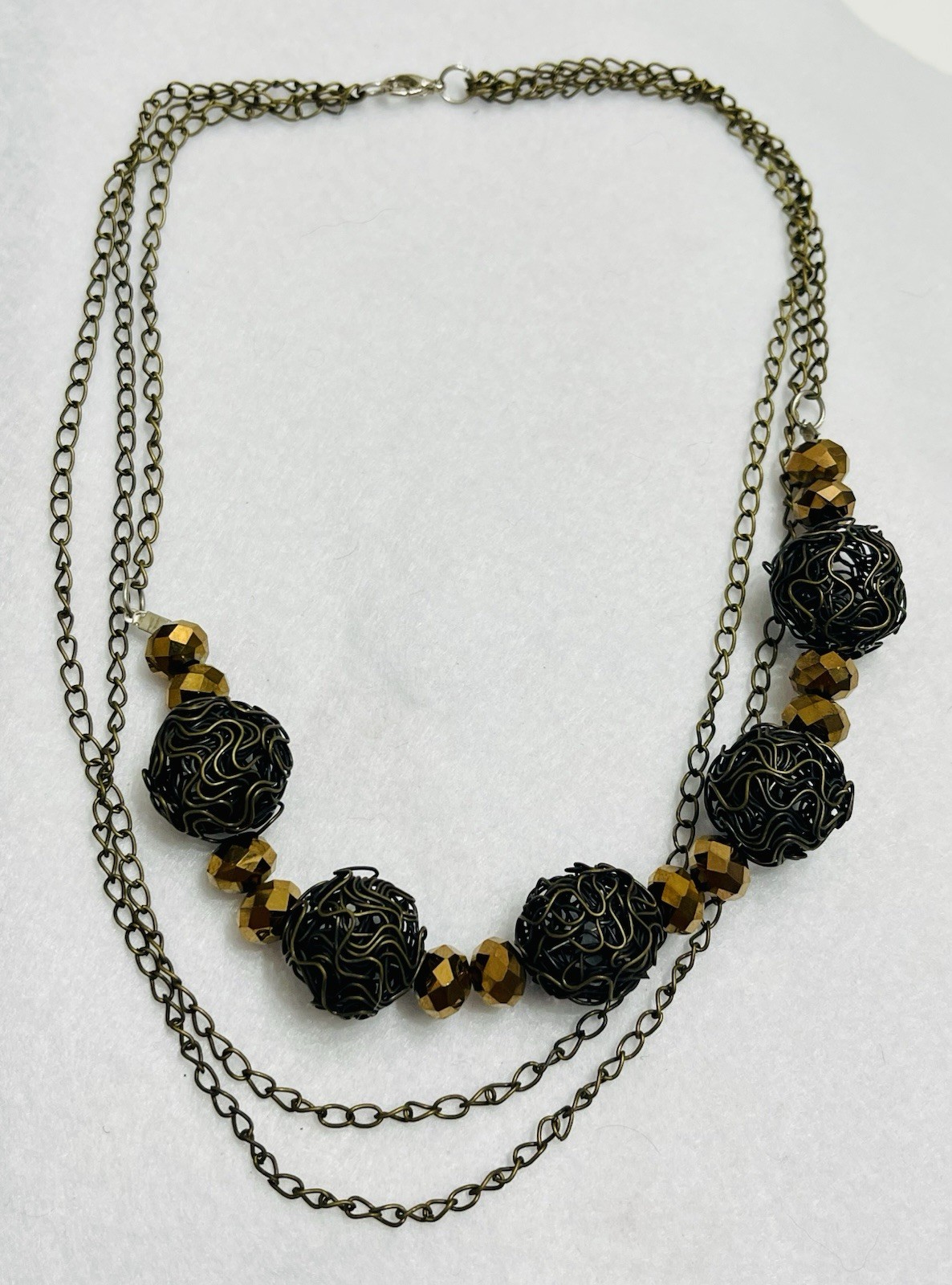 Bronze Black Wire Wrapped Cage Beaded Necklace Multi Chain Artisan