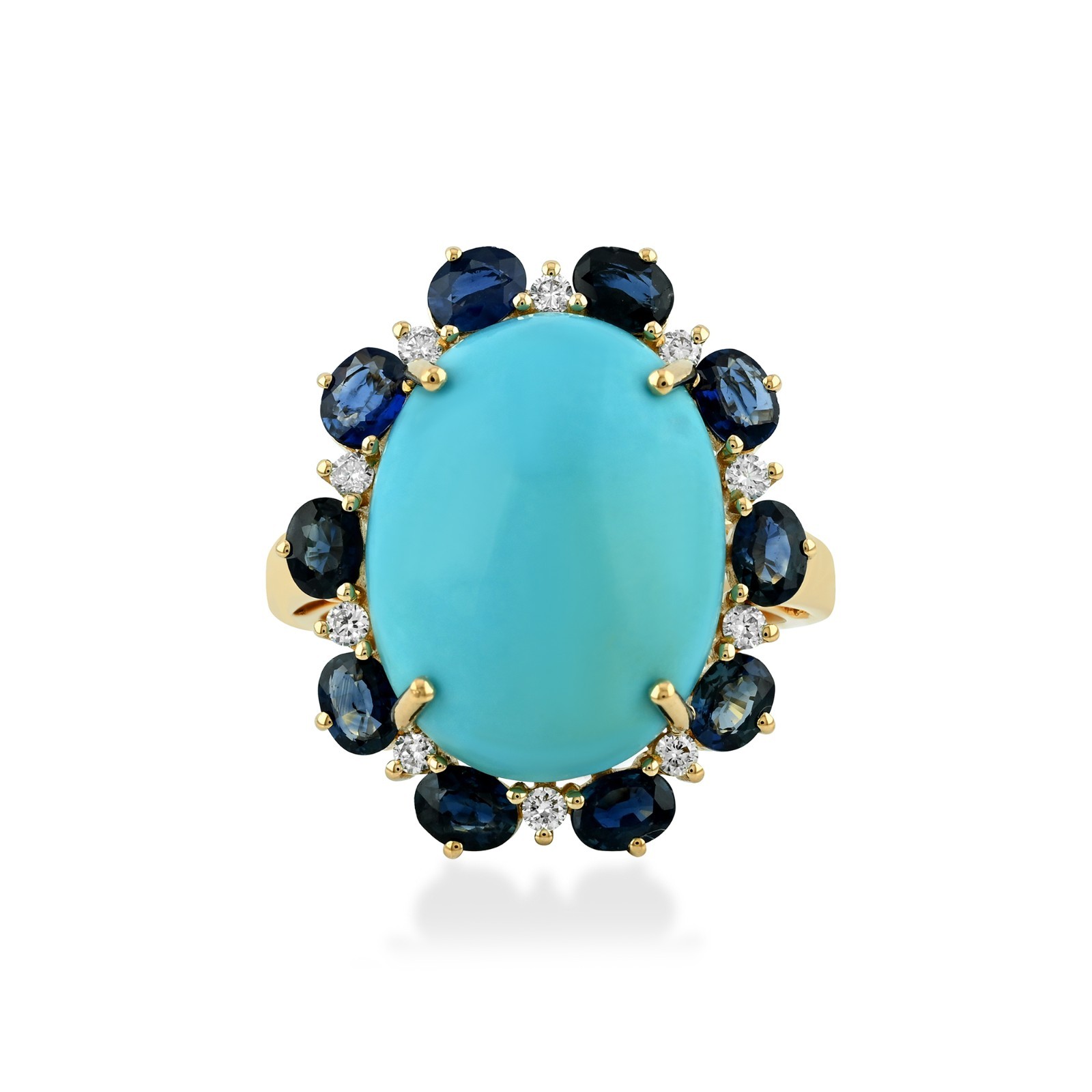 14K Solid Gold Genuine Oval Turquoise Blue Sapphire and Diamond Engagement Ring