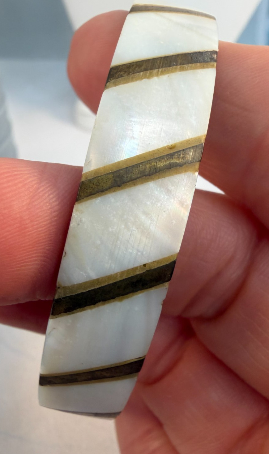 Vintage 1970s Brass Bangle Stack Mother of Pearl Dyed Bovine Inlay Boho Green