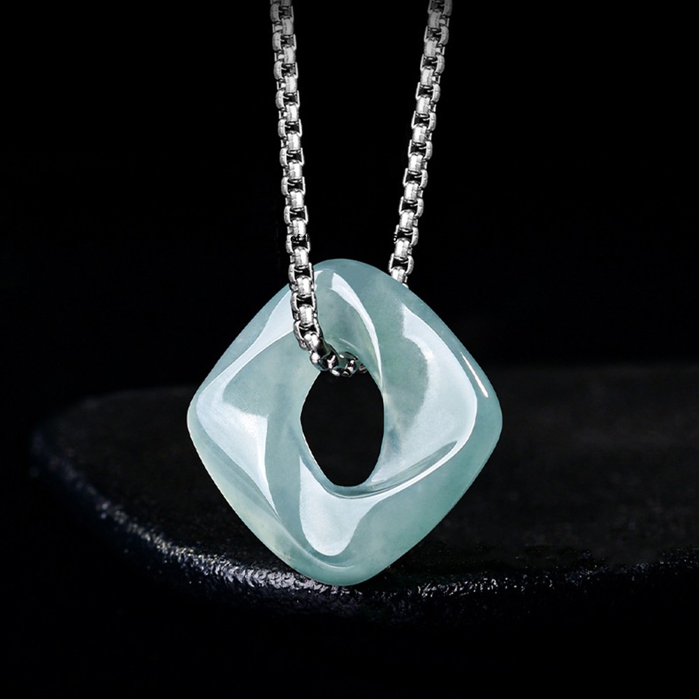 Natural Grade A Blue Jade Jadeite Square Mobius Strip Pendant Infinite Loop