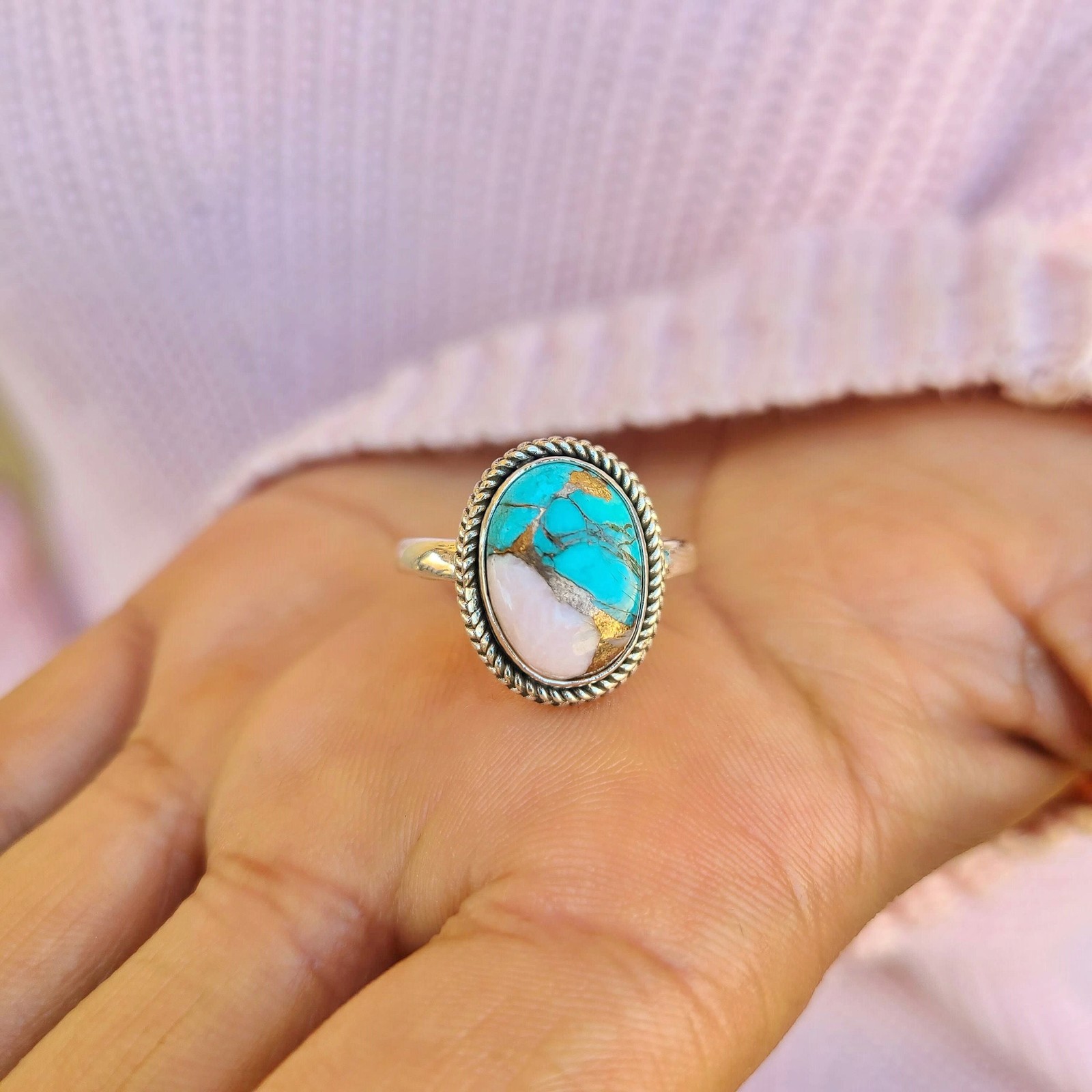 Oyster Copper Turquoise Ring 925 Sterling Silver Spiny Turquoise Statement Ring