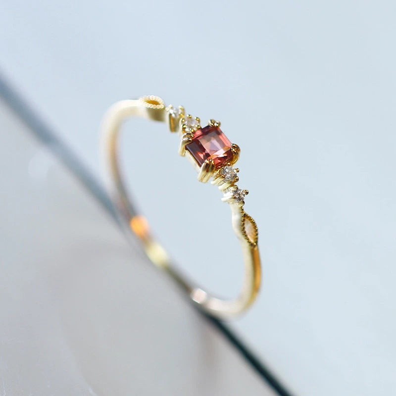 Gold Vintage Garnet Stone Thin Band Ring in Sterling Silver