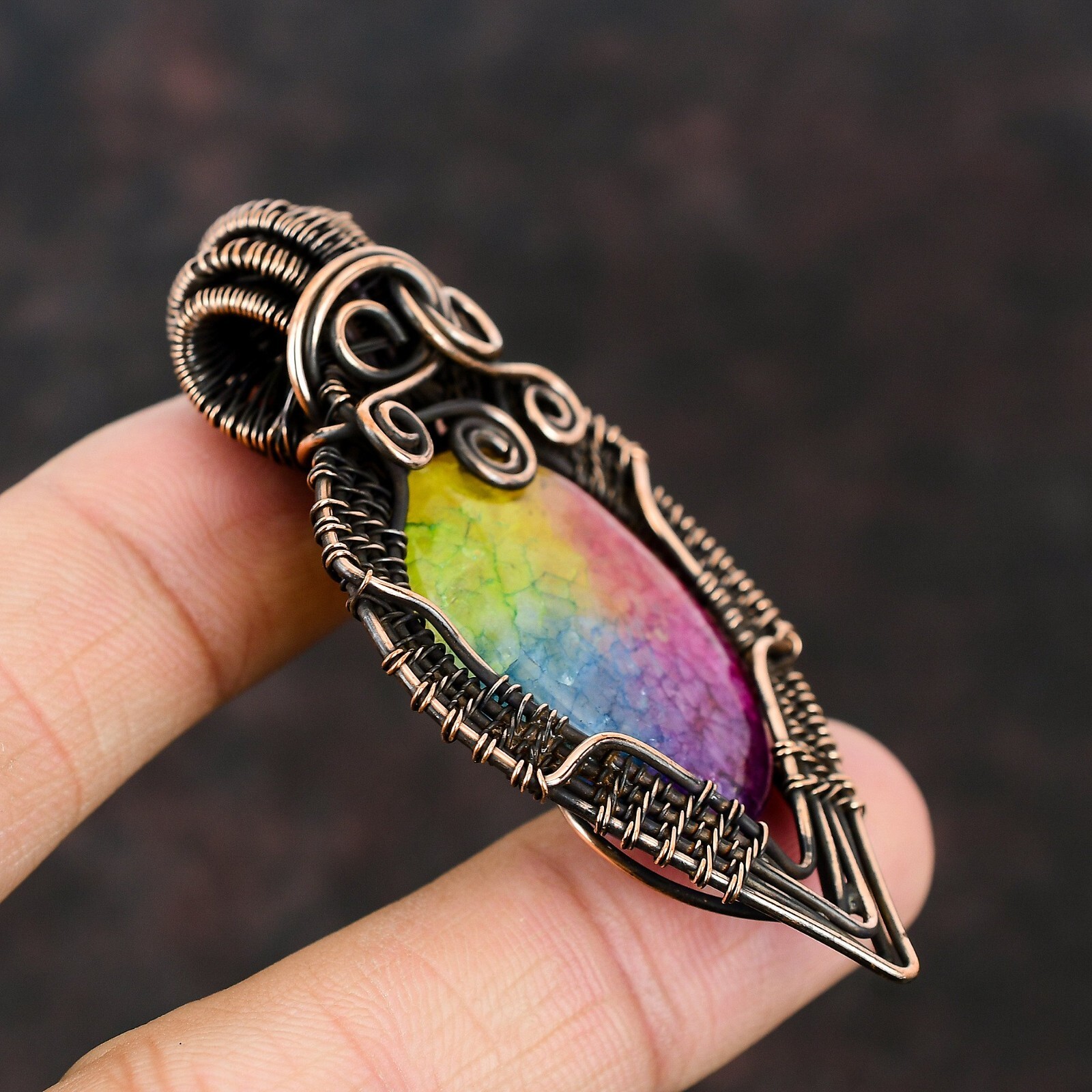 Rainbow Solar Quartz Druzy Copper Gift For Love Wire Wrapped Pendant 2.56″