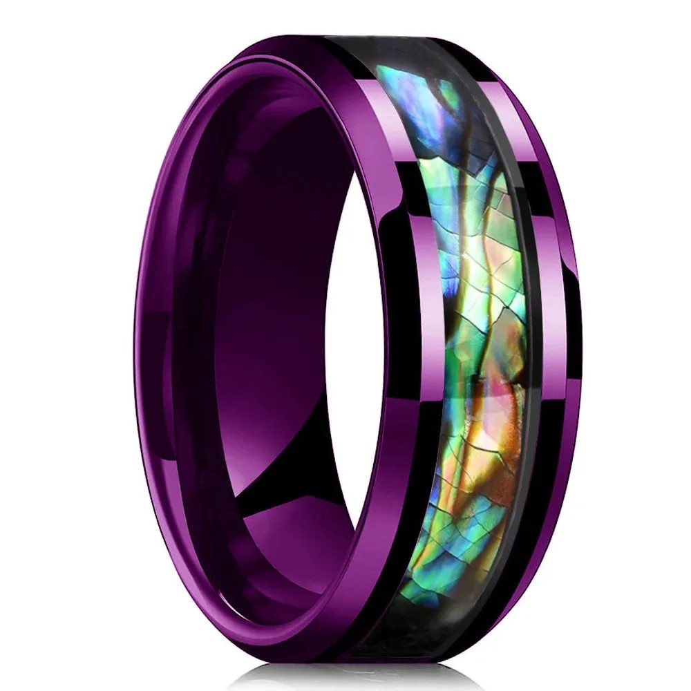 Stainless Steel Abalone Shell Ring 8mm Purple Polished Wedding Band Men