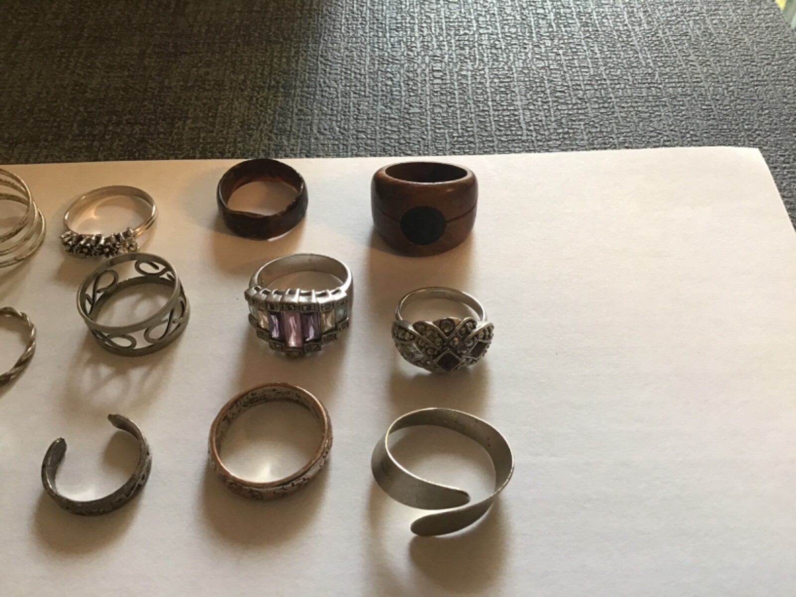 costume ring lot of 12 silver, copper, metal, wood and shell size 4-8