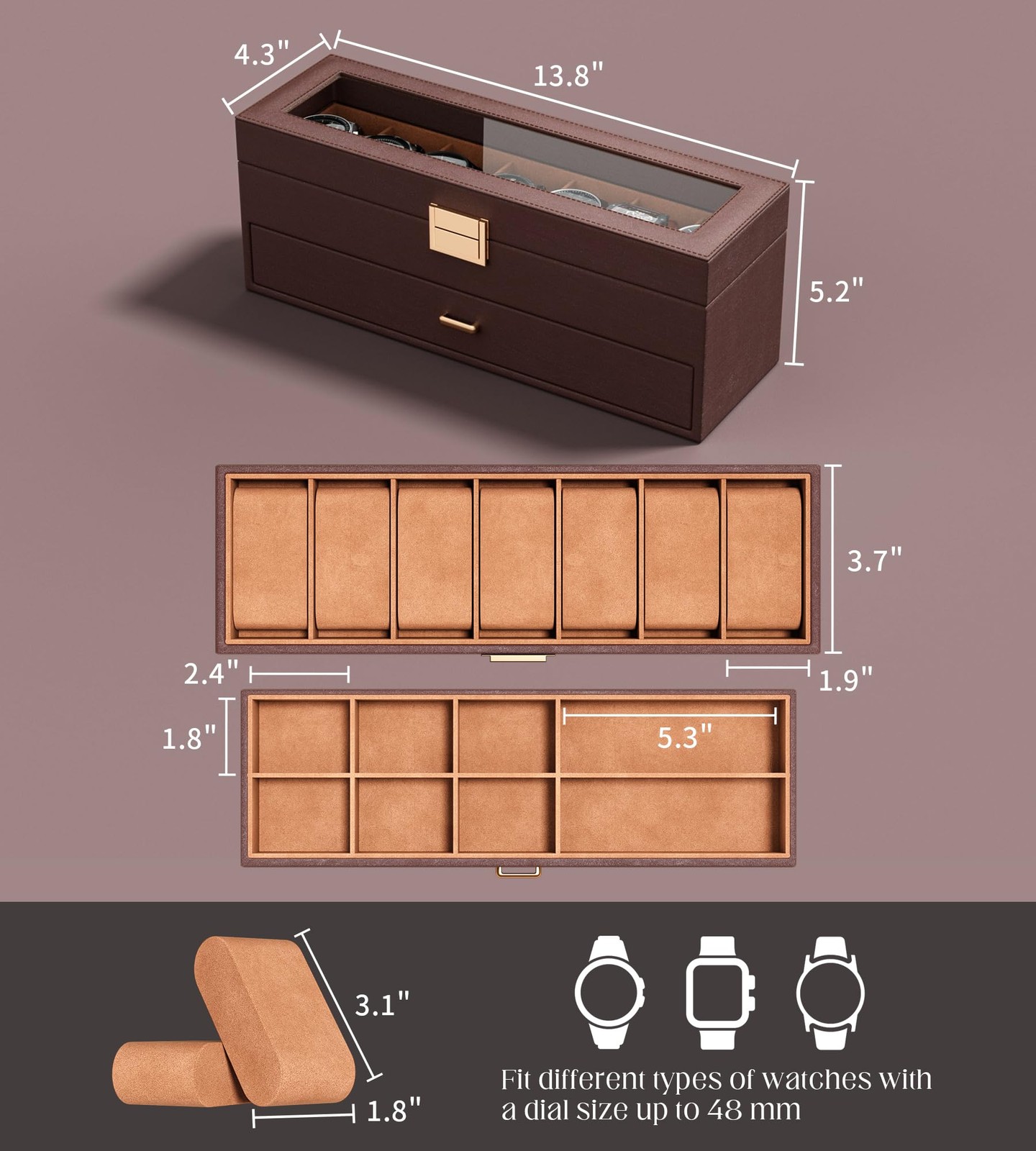 sensok Watch Case Box for Men – 7 SLots Watches Storage 7 Slots, Brown, Brown