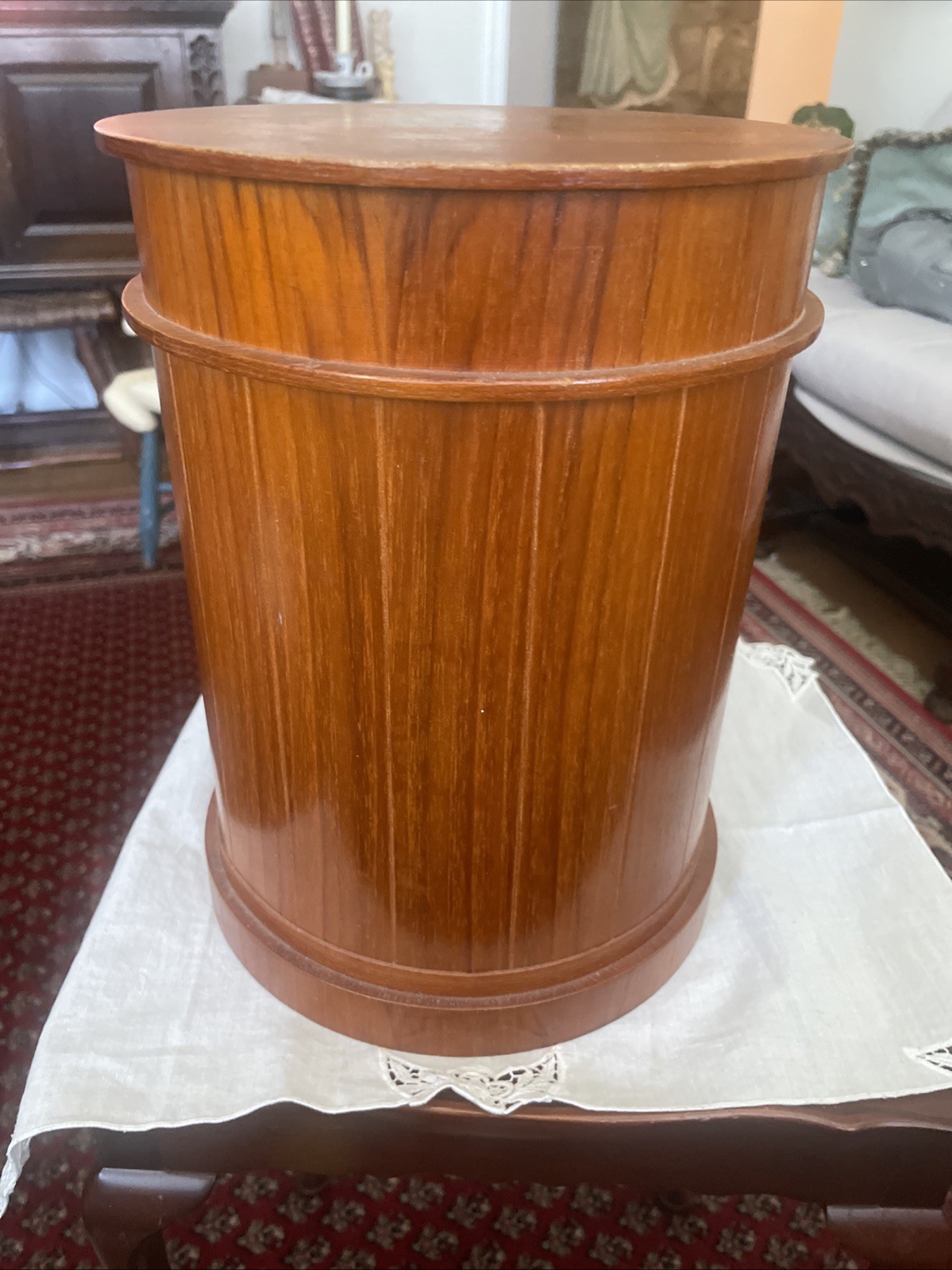 MCM round Wooden jewelry chest table top armoire W/ 5 Drawers And Mirror