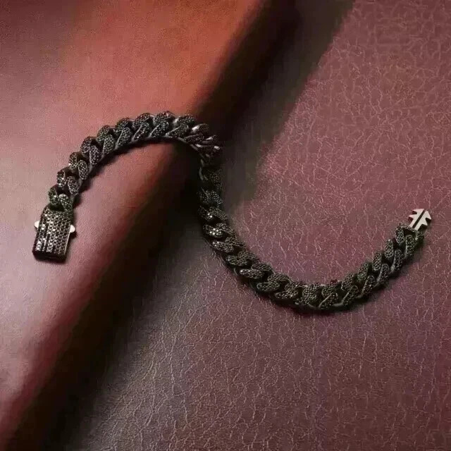10Ct Round Cut Lab Created Black Diamond Cuban Bracelet 14K Black Gold Plated