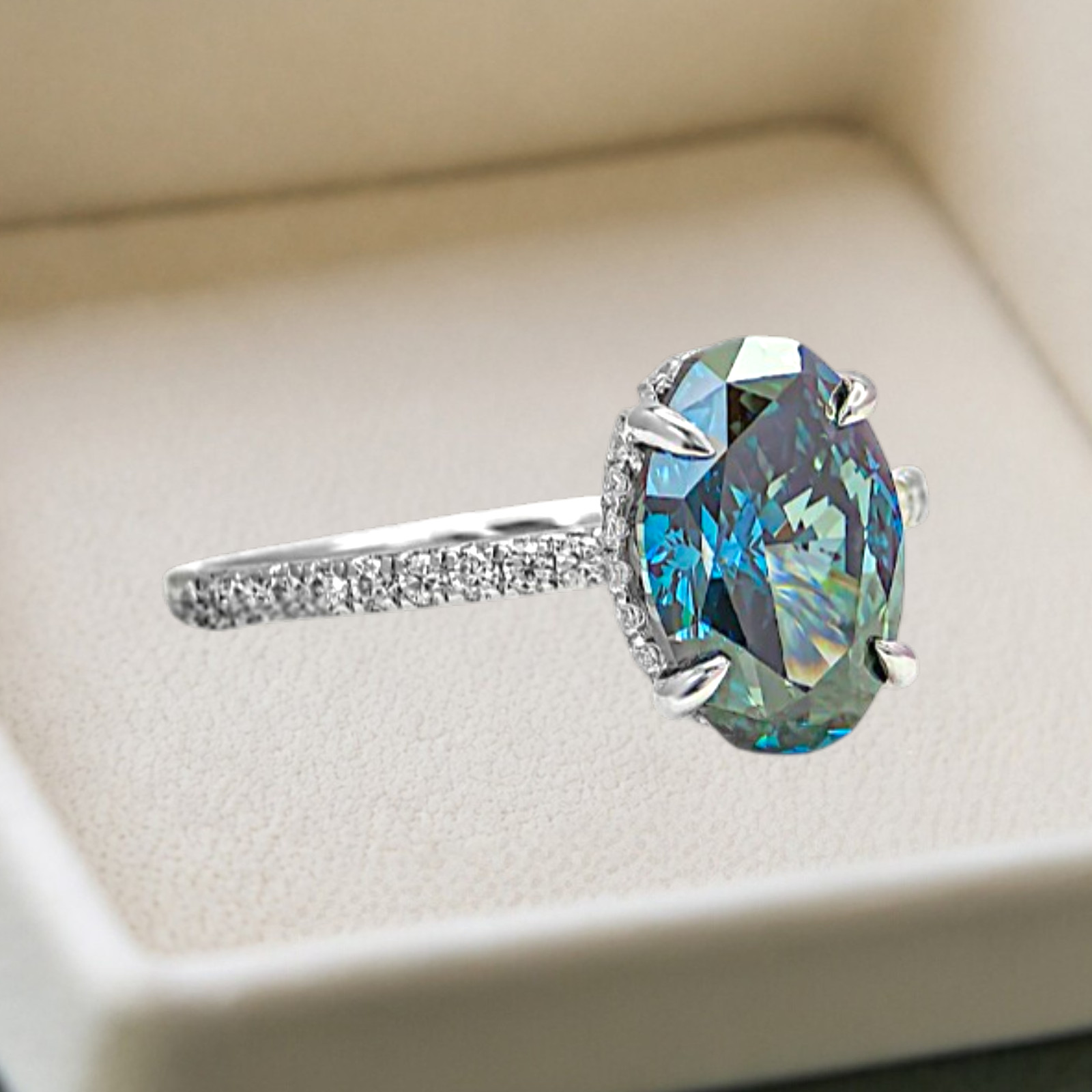 Oval Cut 2.80 Ct Fancy Vivid Blue Diamond Gift Ring IGI Lab Grown 18k White Gold