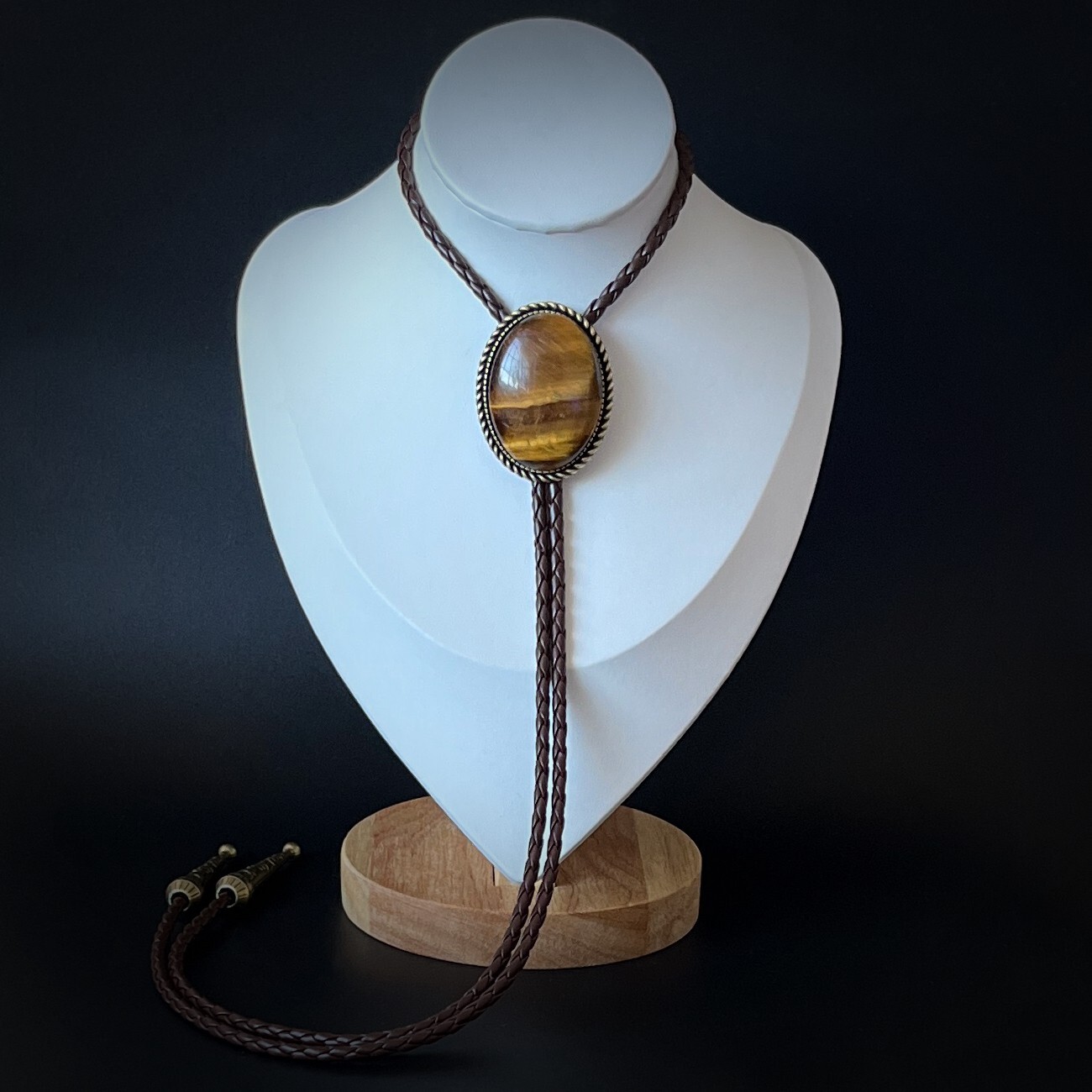 Natural Tiger’s Eye Stone Bolo Tie Western Cowboy Alloy PU Rope Wedding Necklace
