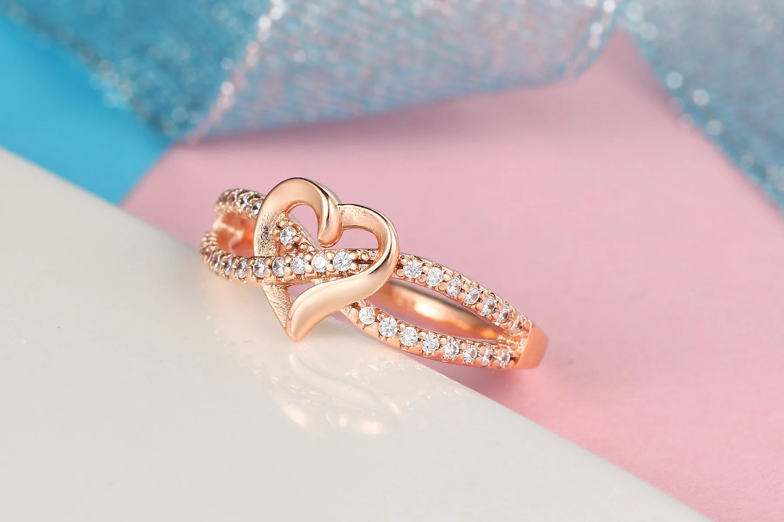 Wedding Band Ring Infinity Heart Love Zircon Tension Mount Women Jewelry