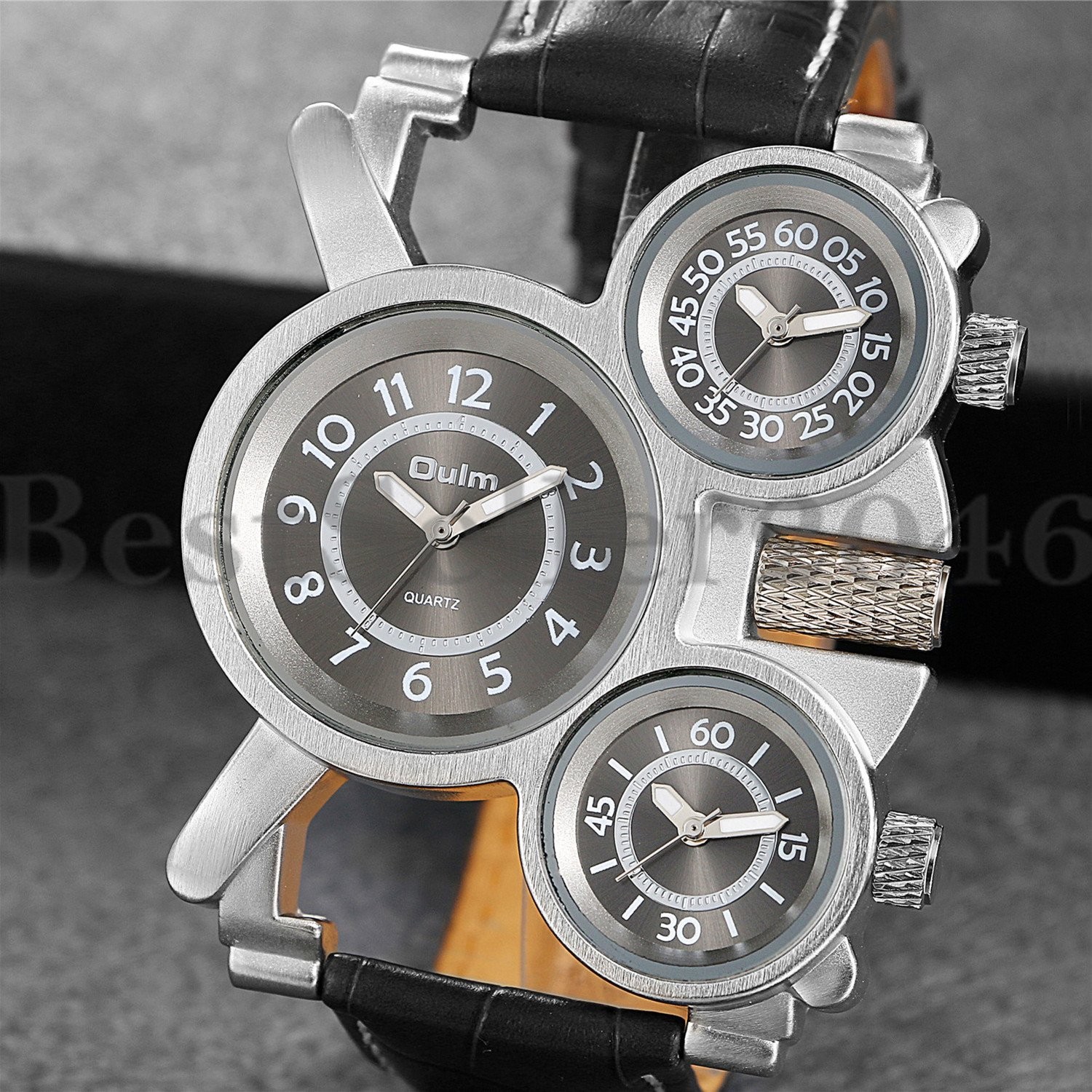 Men Multi Time Zone Analog Quartz Watch Military Sport Leather Band Wristwatches