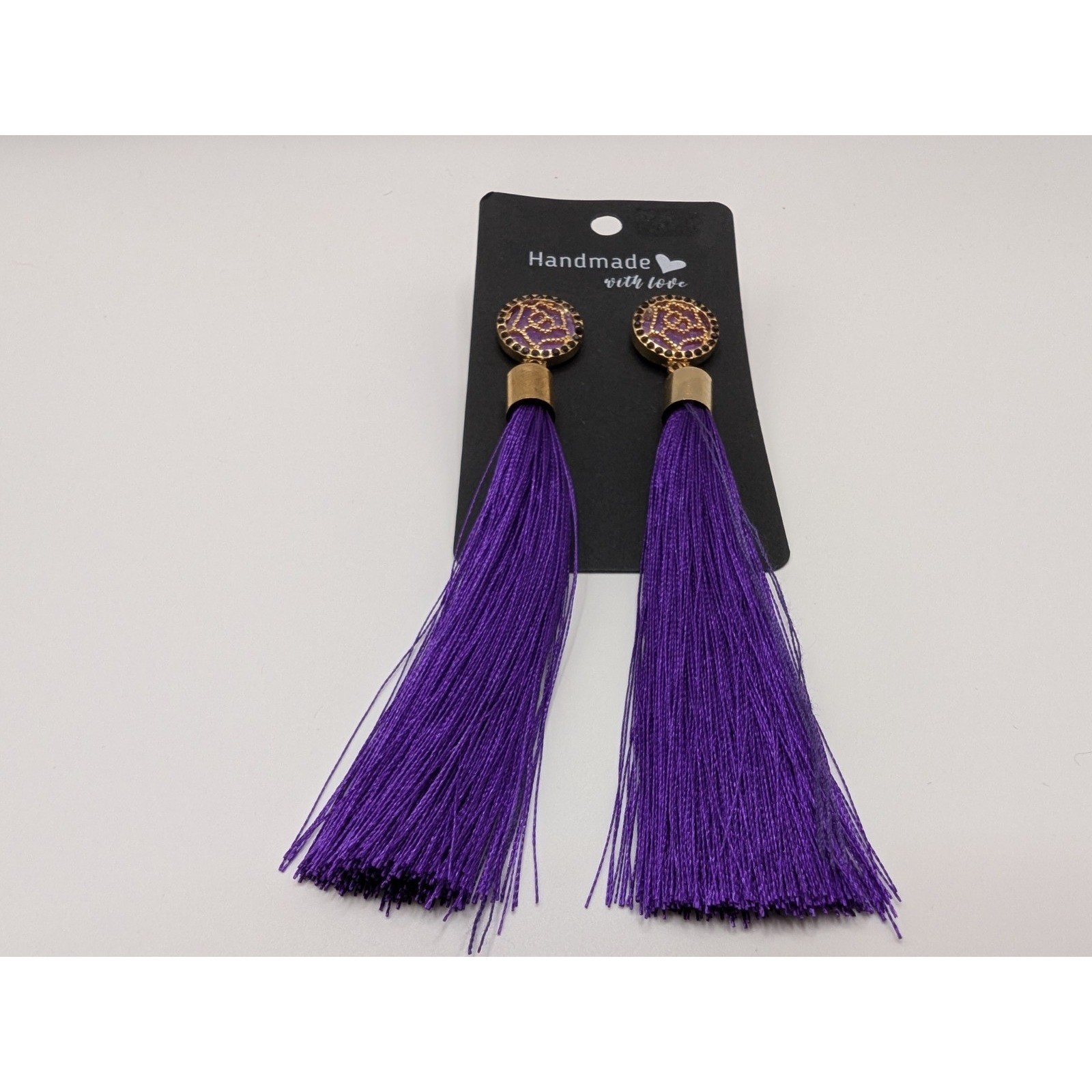 Handmade Purple Tassel Fringe Earrings Embellished Top Post 4.5″ NEW