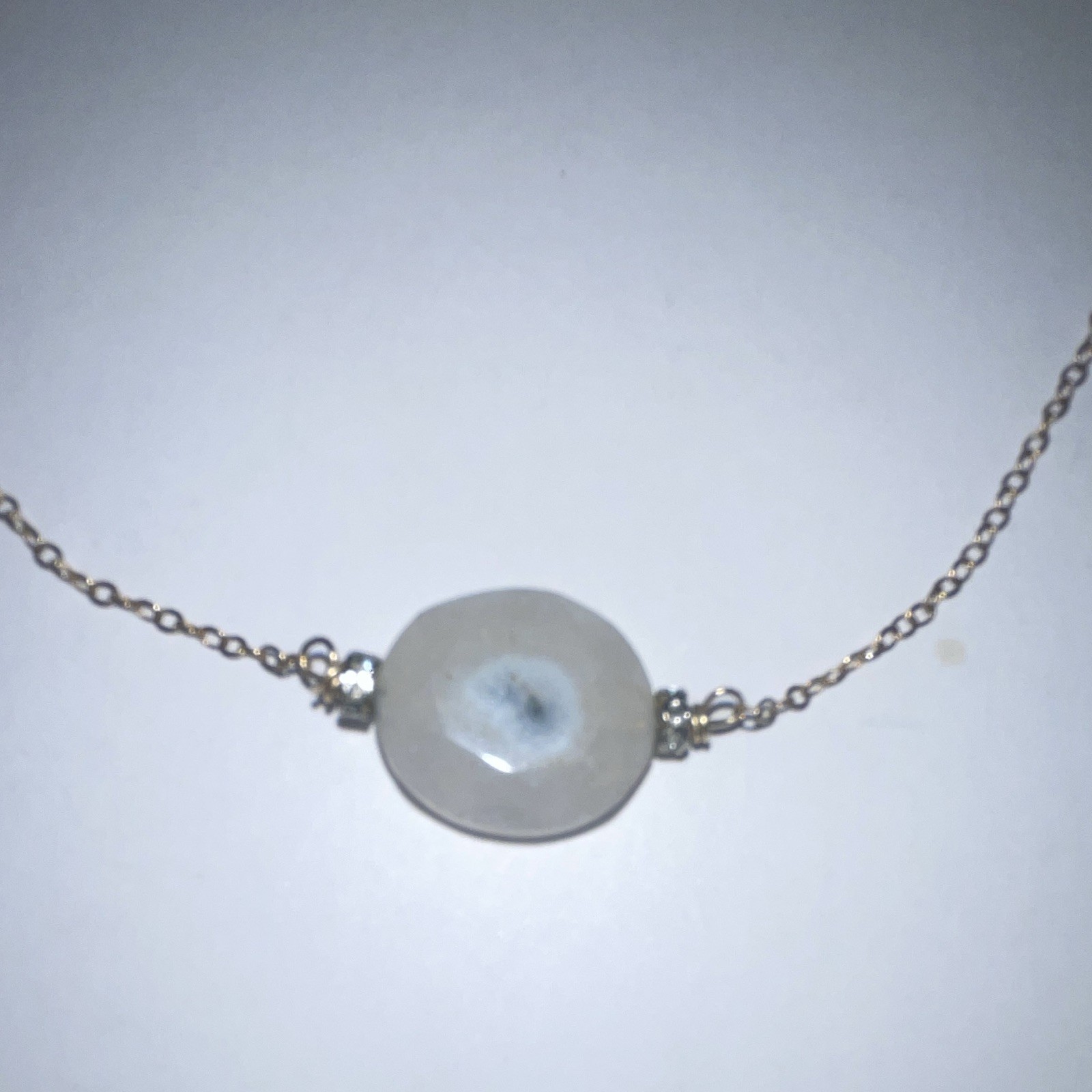 Gold Tone Cable Chain Necklace w/ Round White Agate Stone Charm Pendant