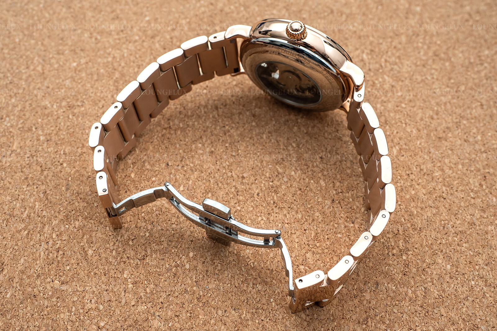 Mens Dual Time Flywheel Automatic Mechanical Watch Rose Gold Stainless Steel