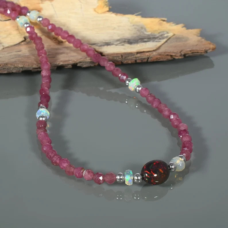 Natural Rainbow Fire Opal & Pink Tourmaline Handmade Beaded Chain Women Necklace