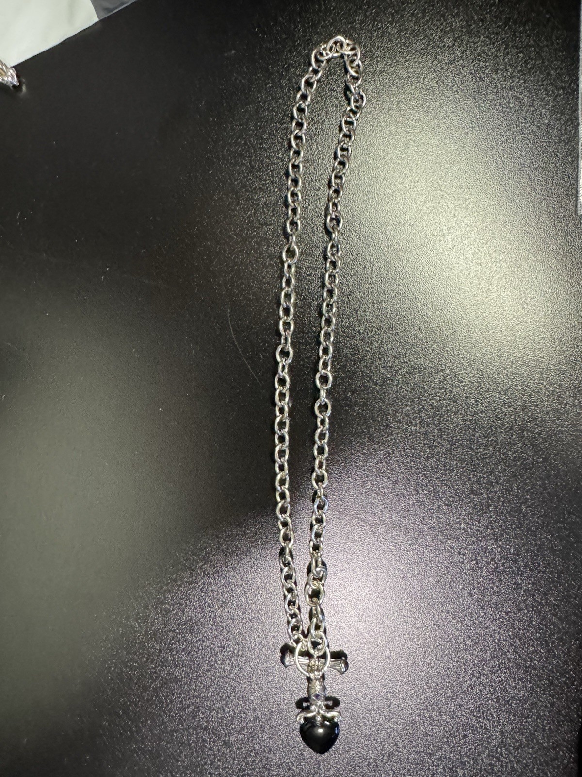 Ross Simons 925 Sterling Silver Black Onyx Heart Amethyst Necklace 18.5in, 30.5g