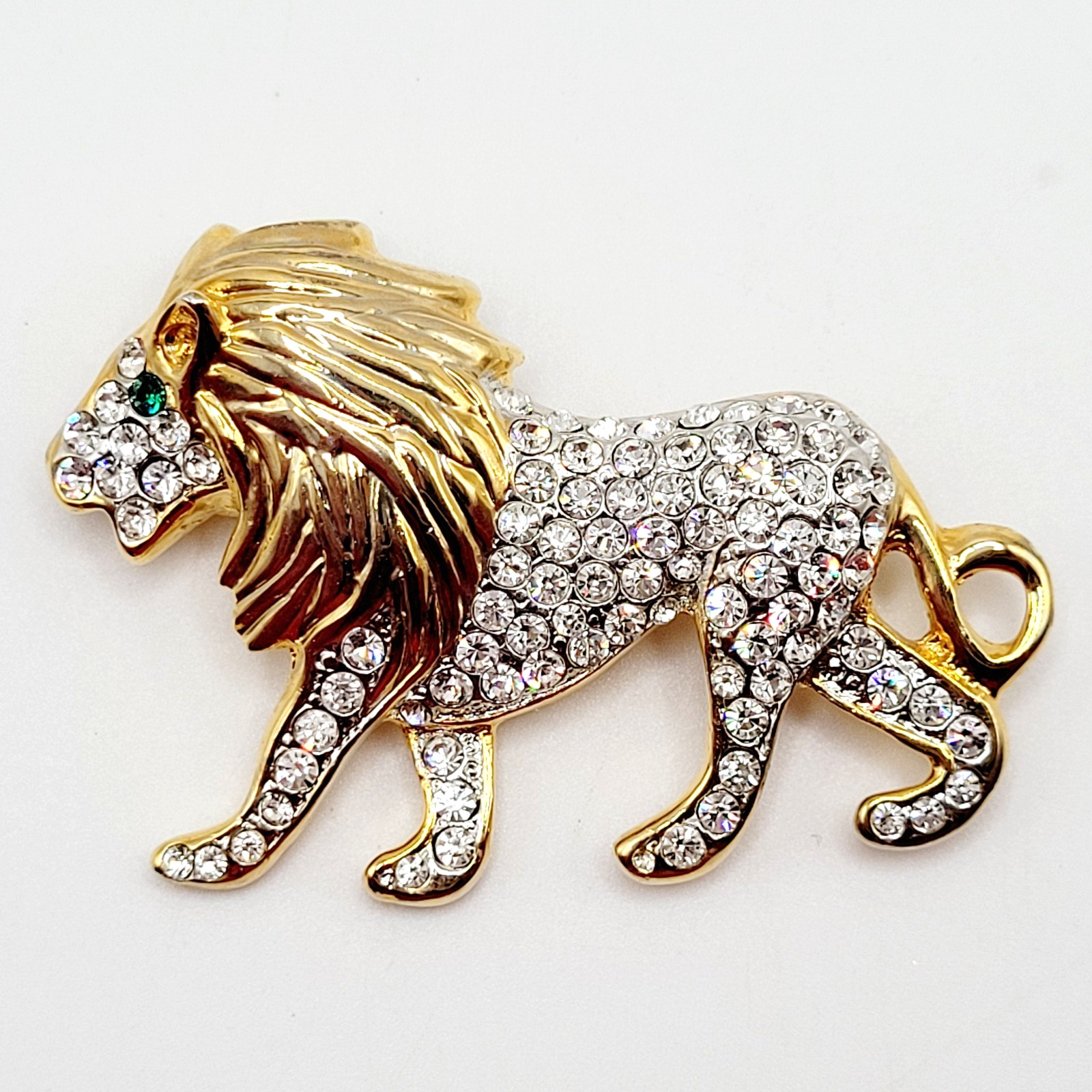 Lion Walking Curled Tail Green Eye Pave Sparkling Crystal Gold Tone Vtg Brooch