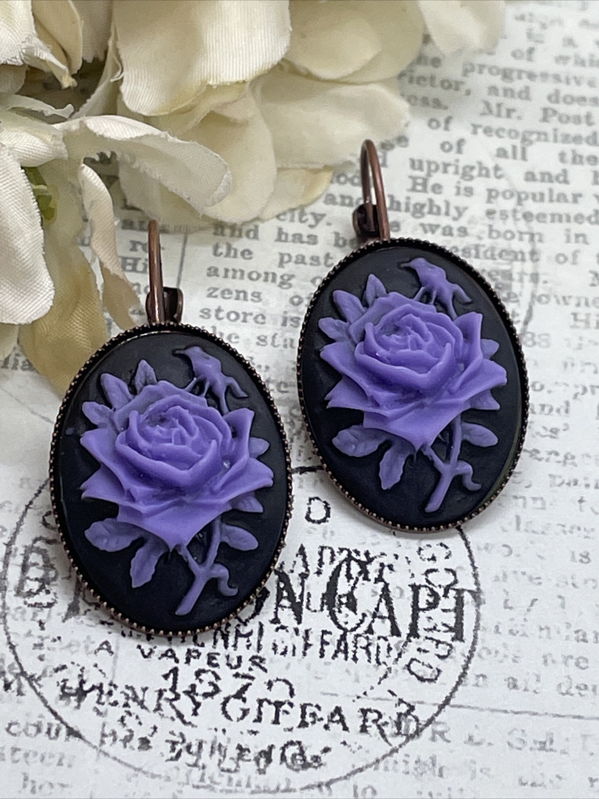 Rose Gold Brass Purple & Black Gothic Setting Anniversary Earring Cameo Birthday