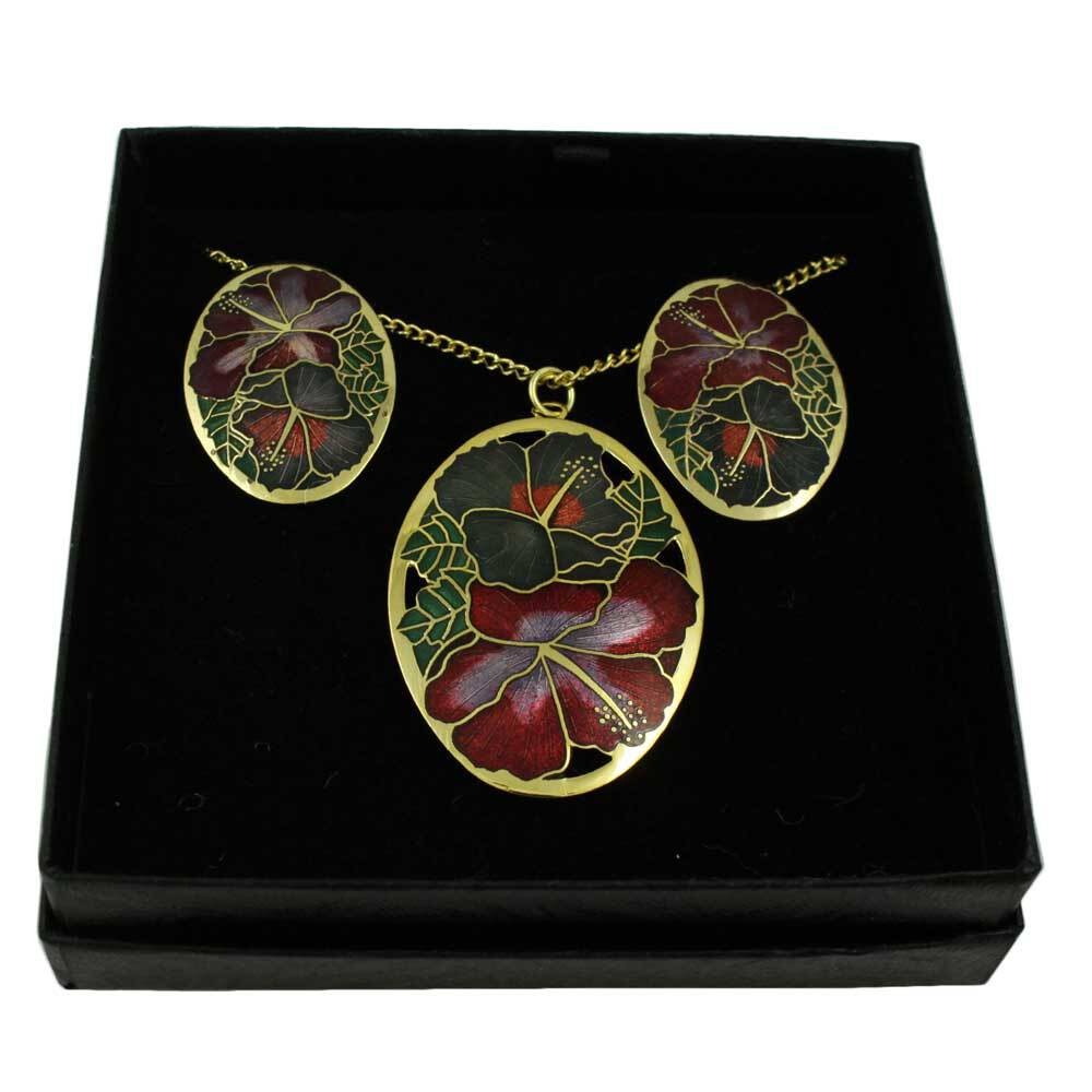 Red and Gray Hibiscus Cloisonne Necklace and Earring Set – CP90NBS