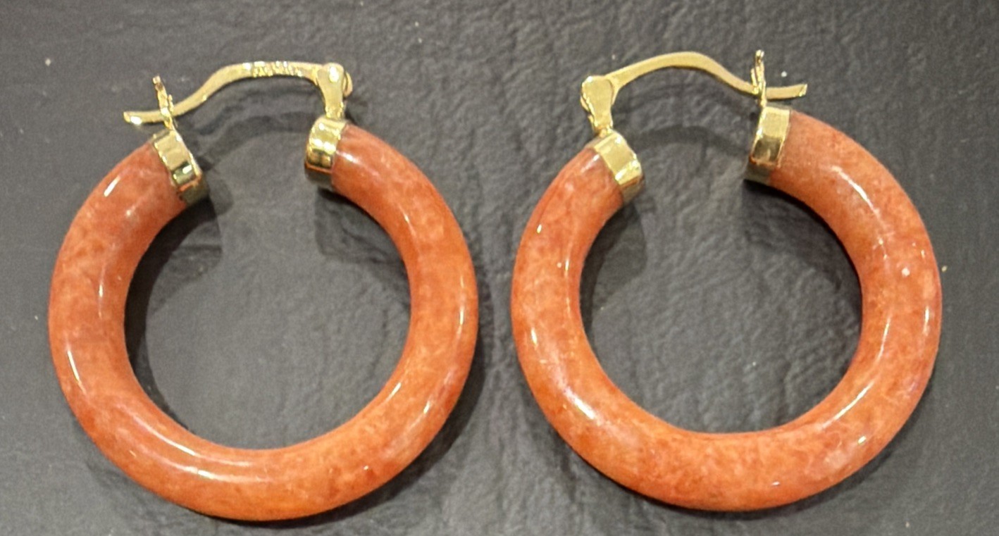 GD 14K Yellow Gold & Orange Jade Hoop Earrings 30.0mm