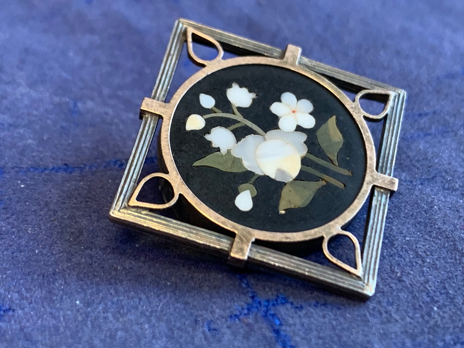Vtg Pietra Dura Sterling Silver Gold Filled Floral Brooch Jewelry Flower Pin