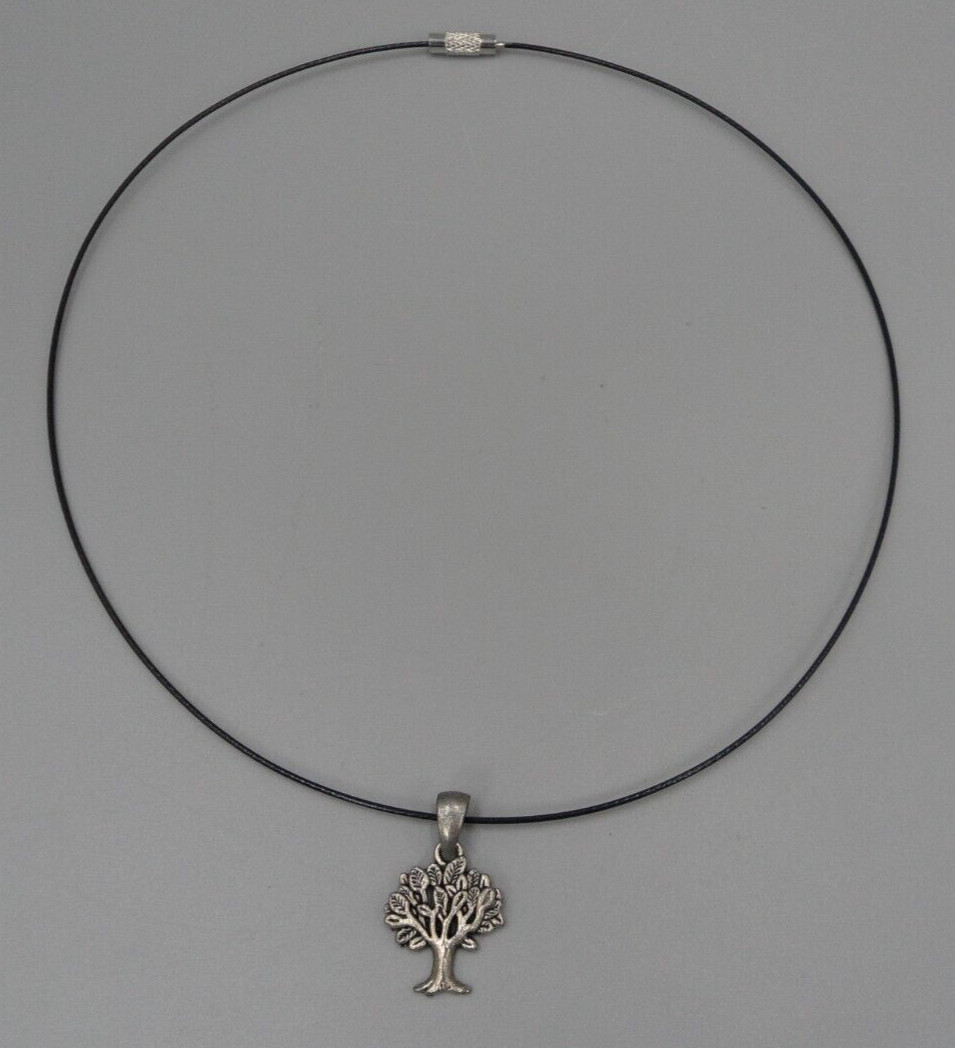 Vintage Tree Pendant Necklace Vinyl Coated Wire Choker Boho Screw Clasp 18″