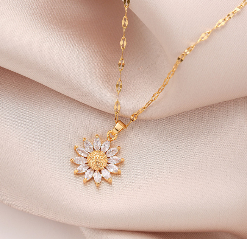 14K Gold Stainless Steel Sunflower CZ Pendant Necklace 16-18″ Chain Women AG