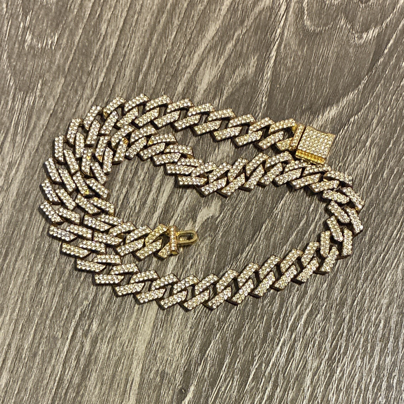 Gold Tone Pavé Cuban Link Chain Necklace White Crystal Round Stones Box Clasp