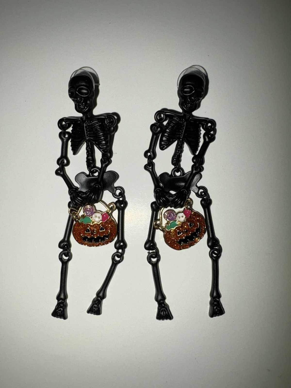 Halloween Skeleton Dangle Earrings Black Orange Novelty Plastic Resin