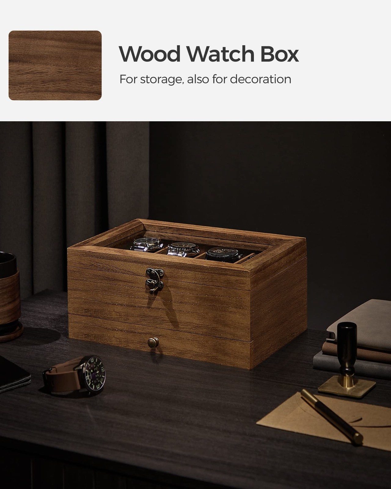 SONGMICS 8-Slot Watch Box, 2-Tier Watch Display Case with Large Glass Lid, Re…