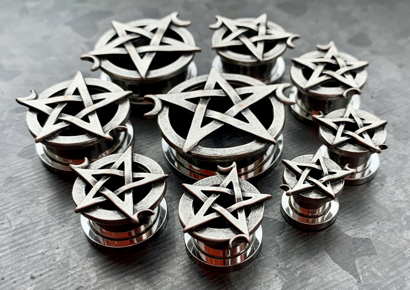 PAIR Pentagram Steel Screw Fit Tunnels Plugs Star Moon Wiccan Earlet Gauges