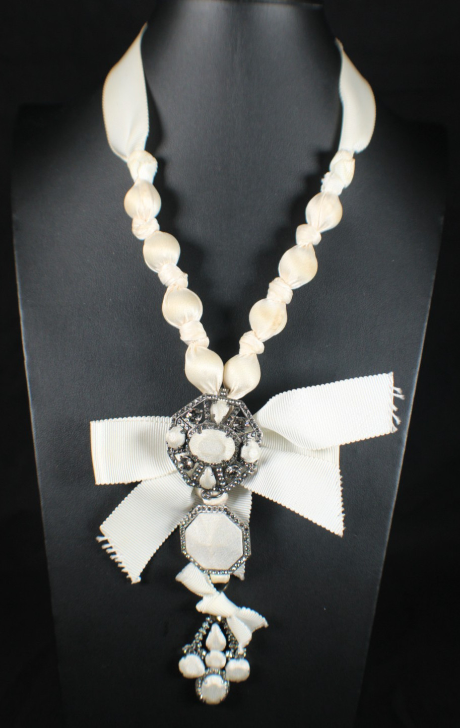LANVIN White Grosgrain & Satin Bead Crystal Pendant Adjustable Tie Necklace 40″
