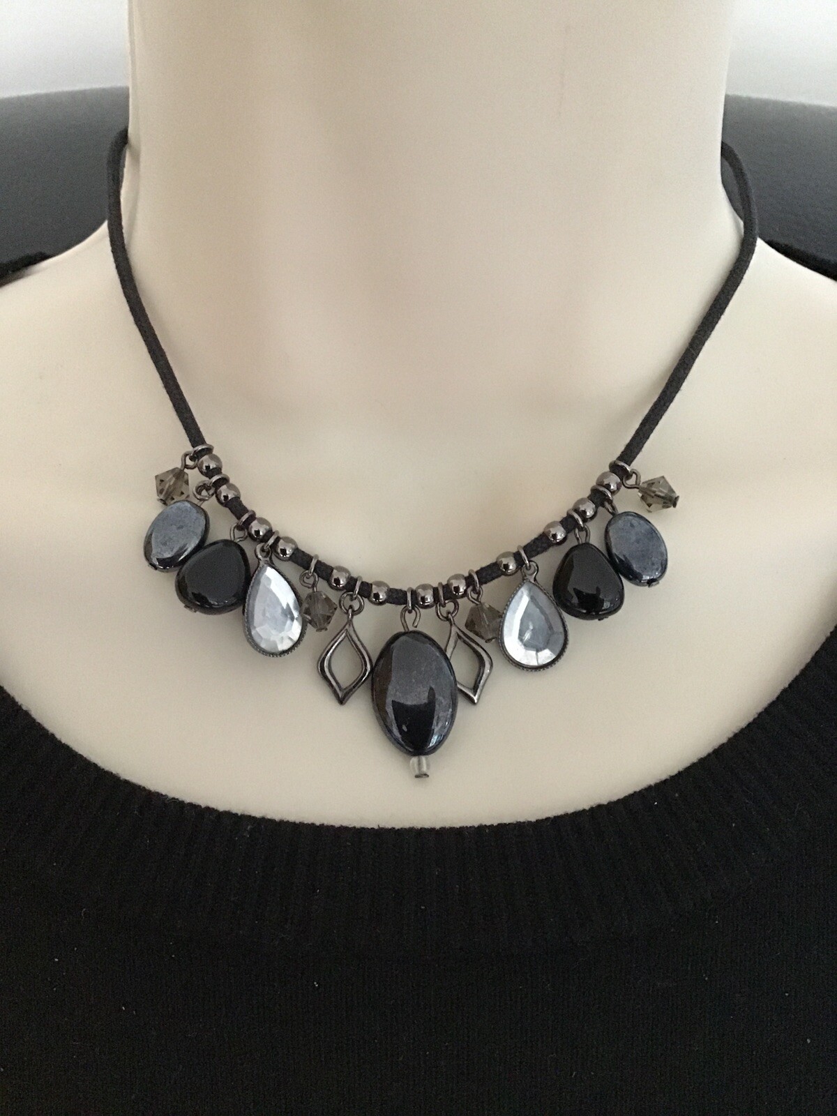 NEXT Necklace Diamanté & Beads on black Cord Lovely 36cm F1