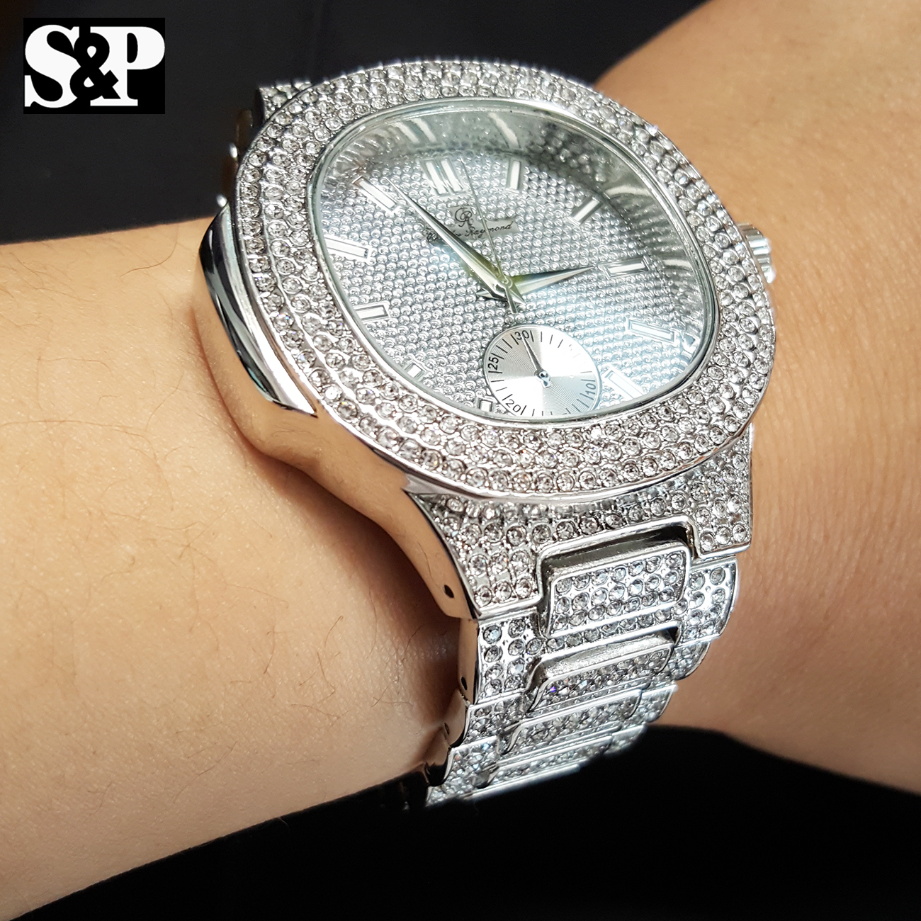 Men’s Luxury Urban Style Bling White Gold PT Simulated Diamond Bracelet Watch