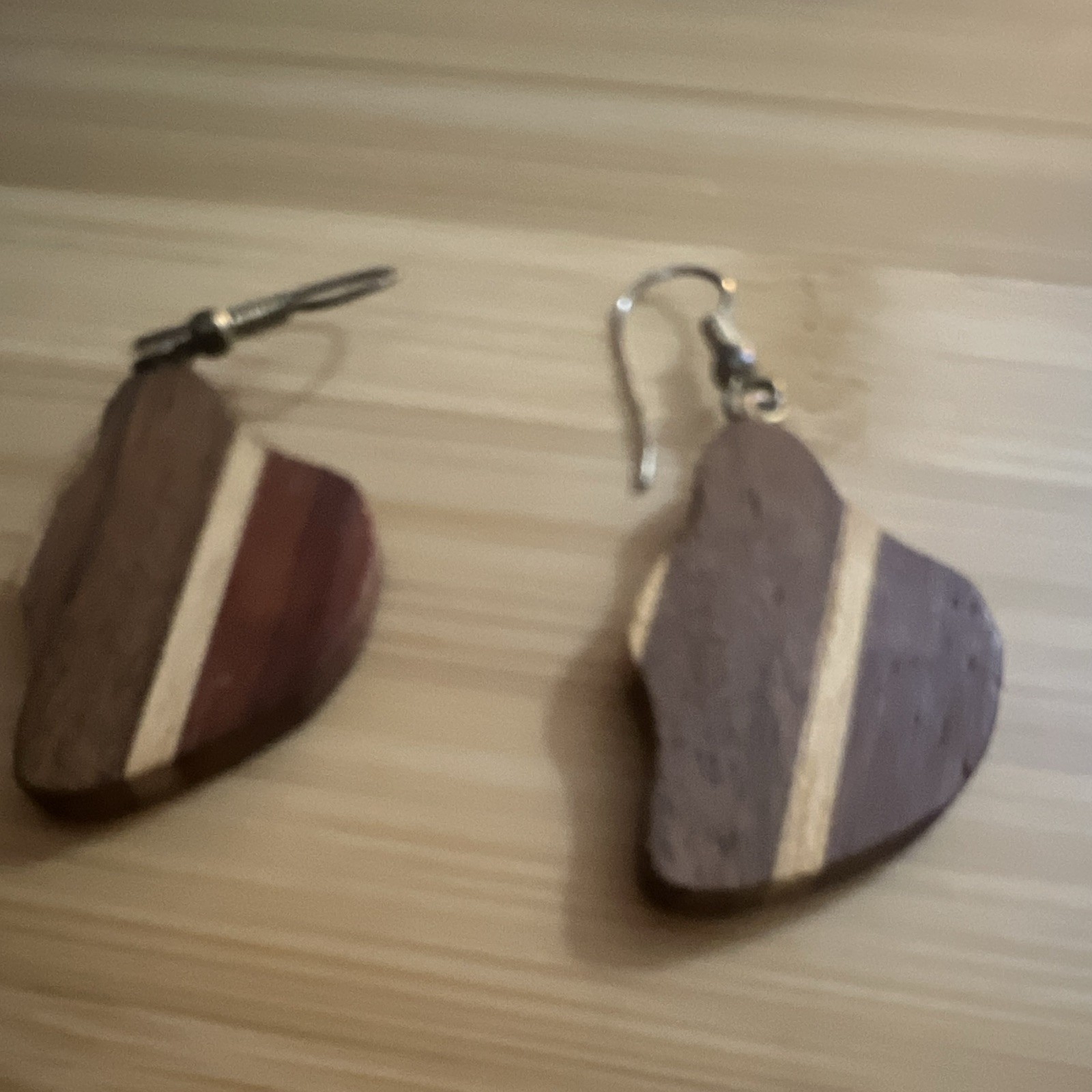 Handcrafted Brown Wood Dangle/Drop Earrings Asymmetrical Stripe Hook Closure