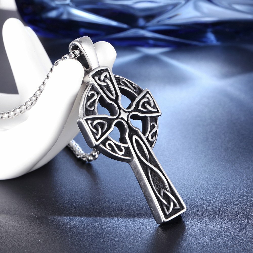 MENDEL Mens Stainless Steel Irish Celtic Knot Cross Pendant Necklace Silver Men